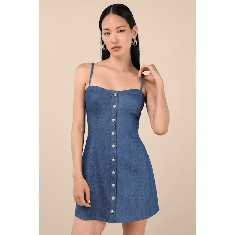 Lulus Blakely Blue Chambray Button-front Mini Dress - Size S